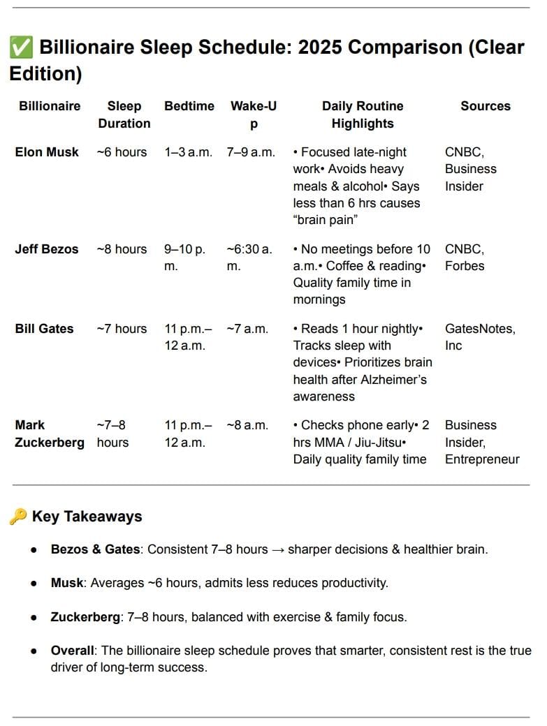 Billionaire Sleep Schedule: 2025 Comparison (Clear Edition)